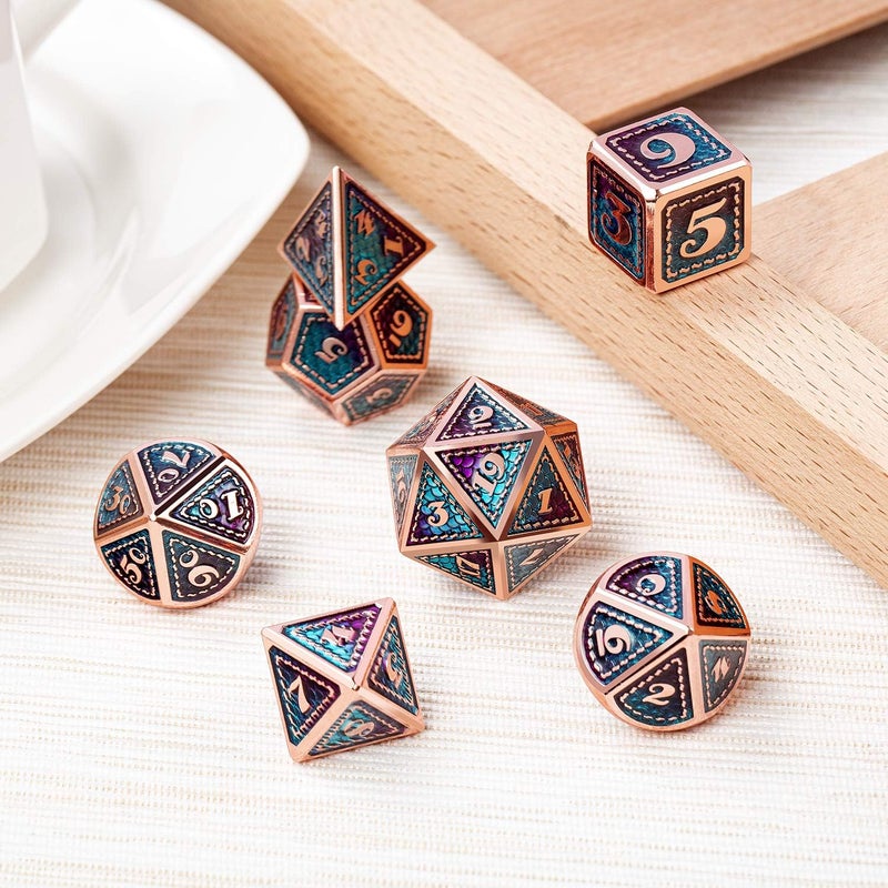 DNDND Metal D&D Dice Set,7 Pieces Dragon Scale Metallic D&D Die with Gift Metal Case for Dungeons & Dragon Game (Teal and Purple with Copper Edge) - Image 2